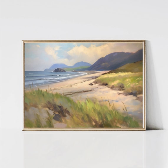 Muted Coast Landscape Vintage Summer Seaside Painting Moody Sea Print Beach House Poster Printable Wall Art