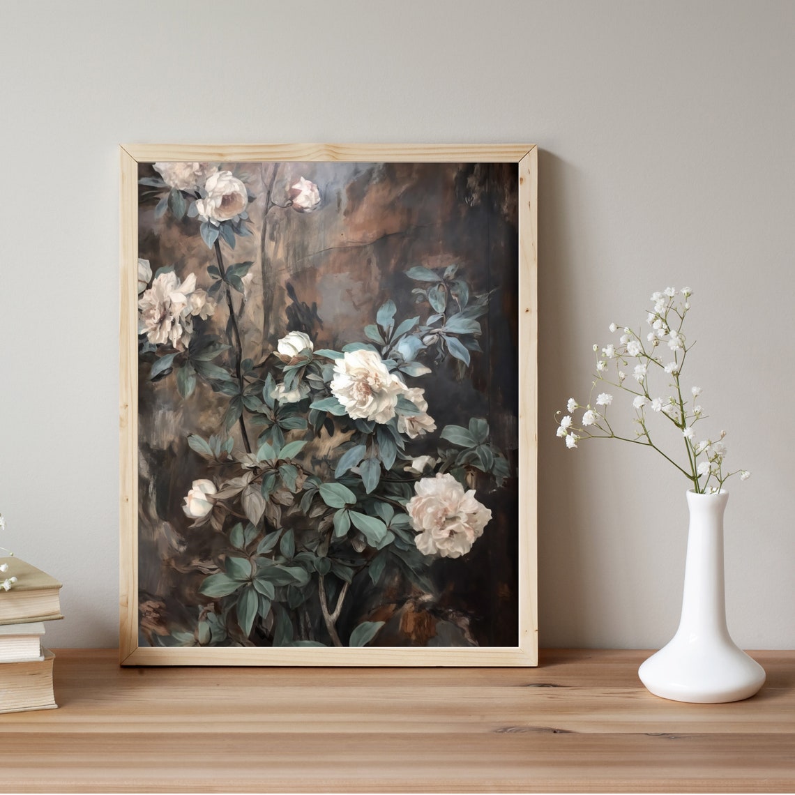 Moody White Roses on Dark Ground Vintage Floral Painting Print - Image 3