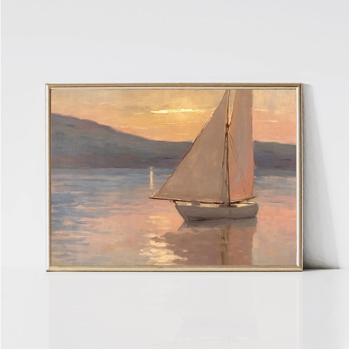 Sailboat At Sunset Vintage Coastal Landscape Art Print