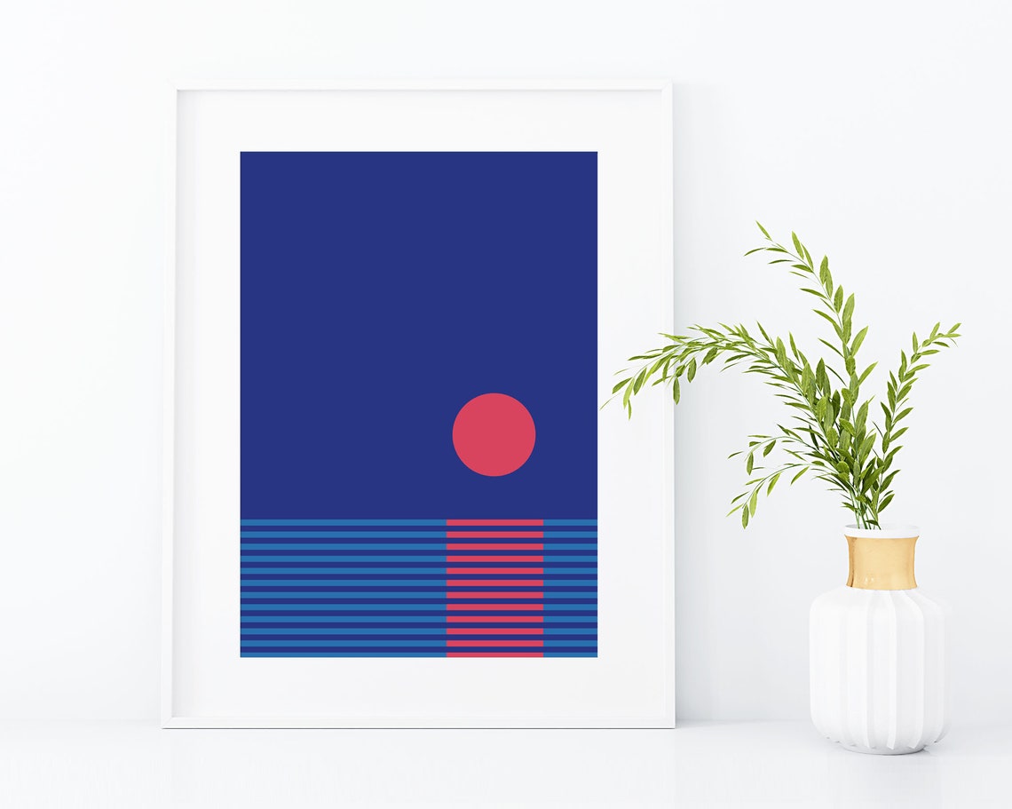 Minimal Geometric Sunset Red Sun Striped Sea Abstract Poster - Image 2