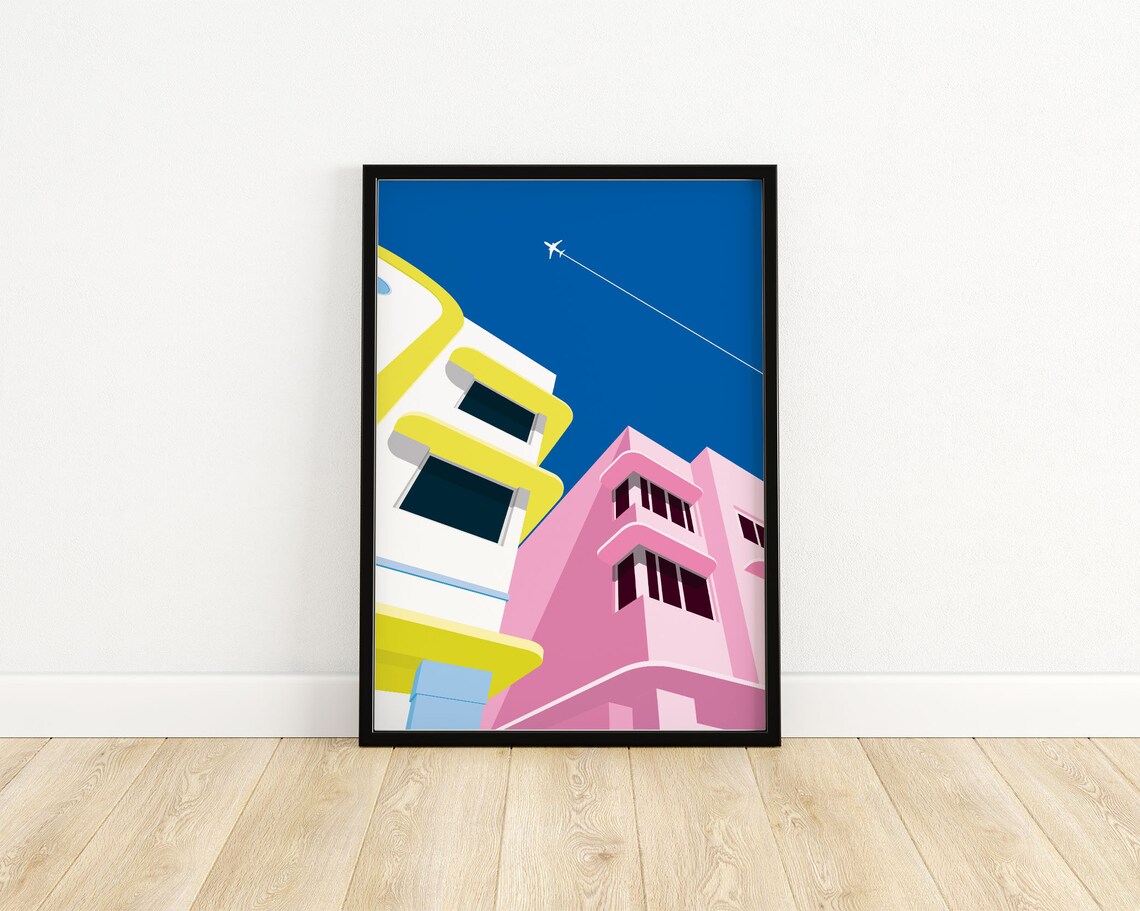 Miami South Beach Pastel Art Deco Buildings Blue Sky Plane Poster - Image 3