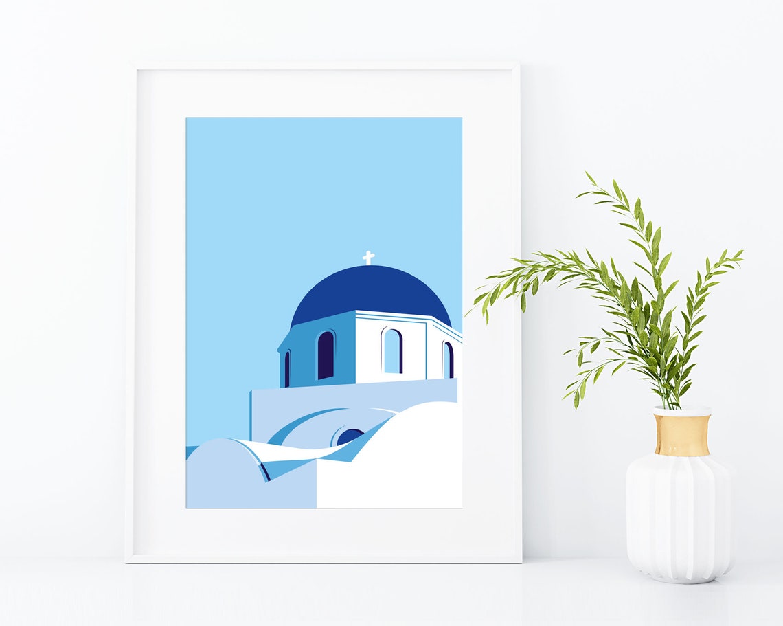 Santorini Blue Dome Church Greek Island Whitewashed Art Poster - Image 2
