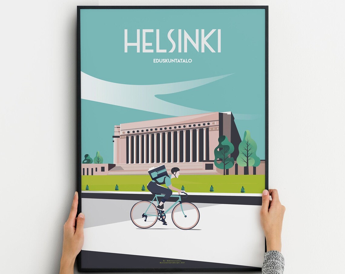 Helsinki Finland Eduskuntatalo Parliament House Cycling Travel Poster