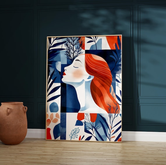 Red Haired Woman Art Print Modern Geometric Botanical Portrait