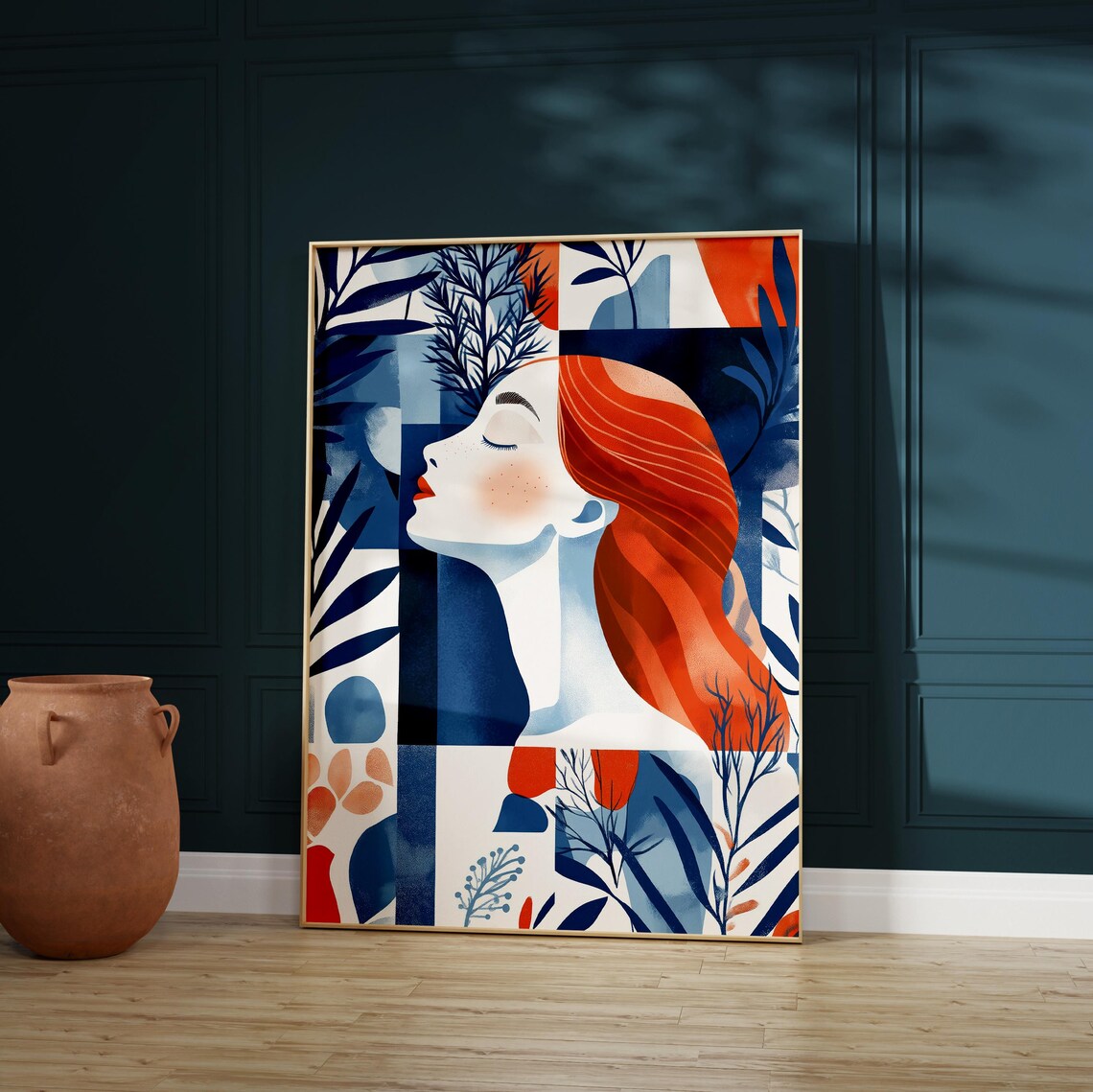 Red Haired Woman Art Print Modern Geometric Botanical Portrait