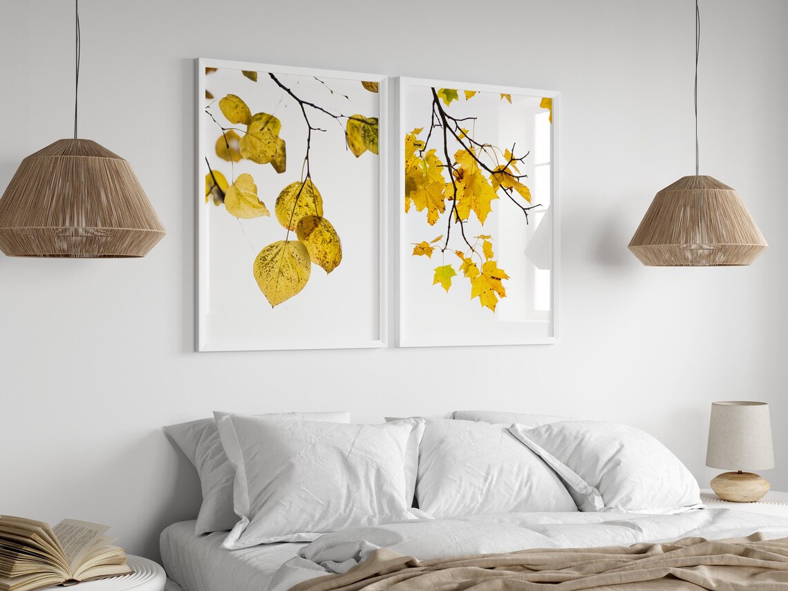 Yellow Leaves Wall Art Minimalist Autumn Tree Prints