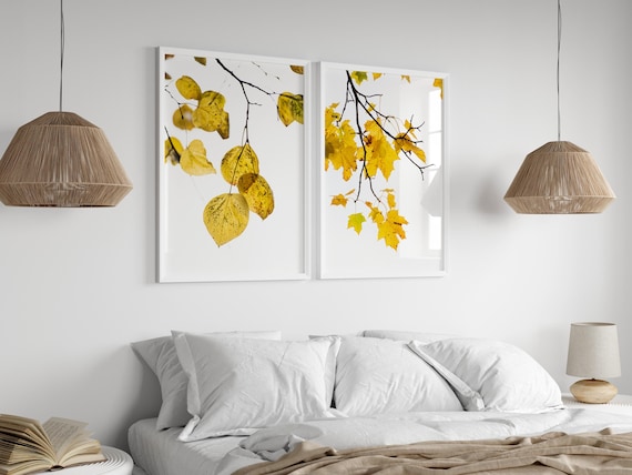 Minimalist Yellow Autumn Leaves Photo Poster Fall Branch Wall Pair