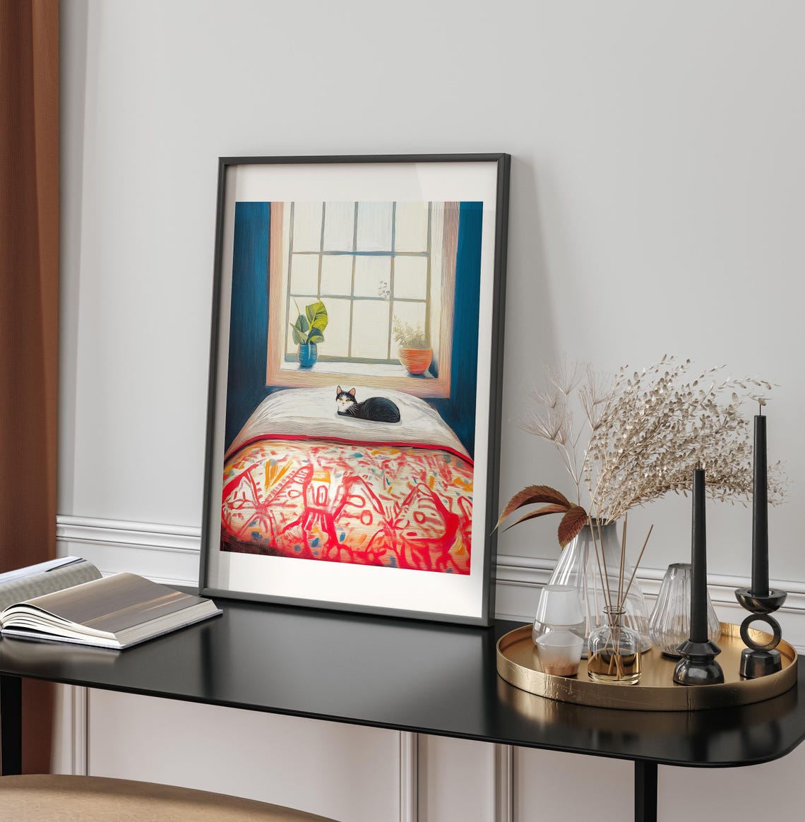Black Cat Sleeping on Bed Poster Cozy Window Oil Painting Scene