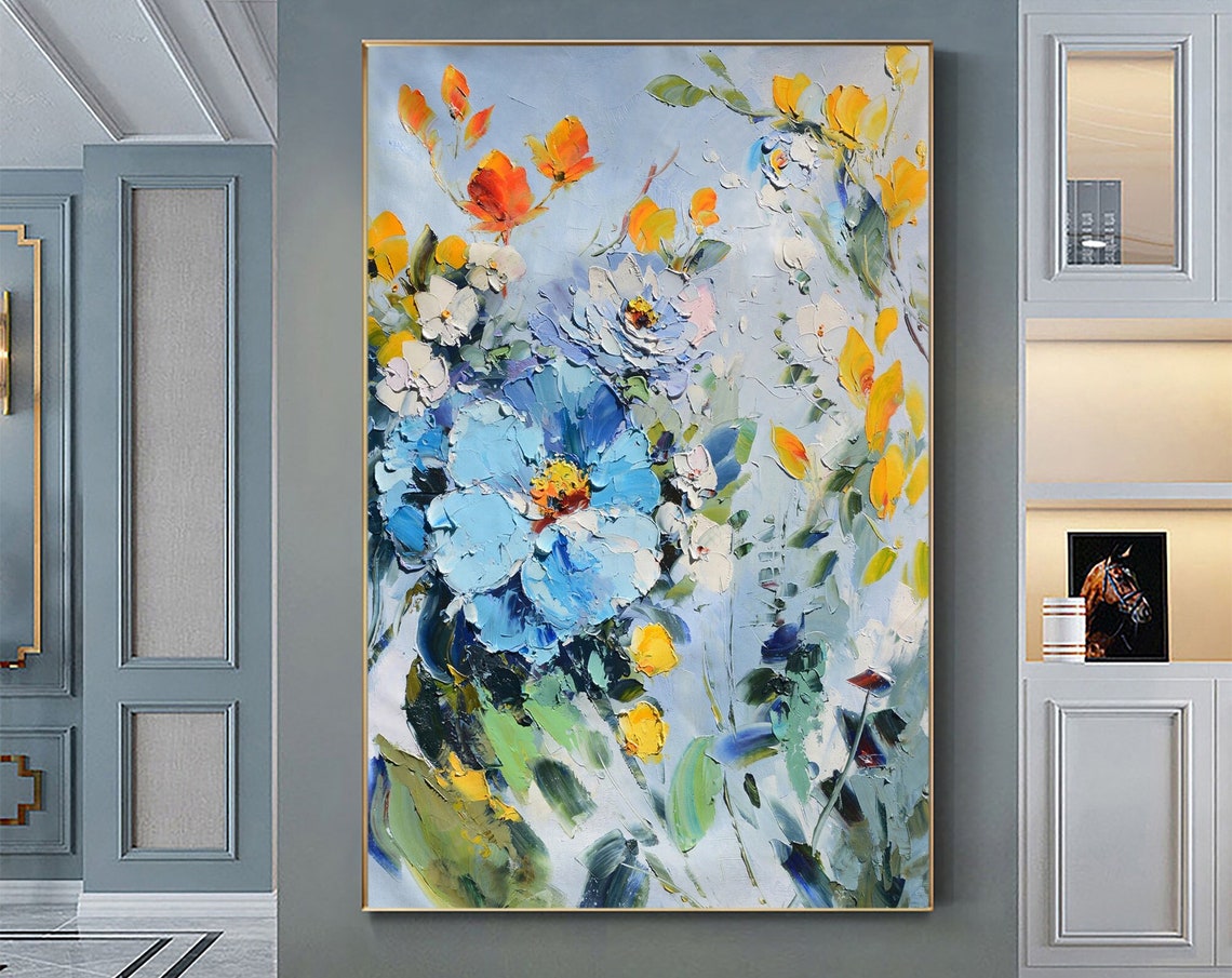 Large Abstract Blue Rose Flower Oil Painting On Art Colorful Flower Painting Art Palette Knife Art Living Room Bedroom Decor Wall Art