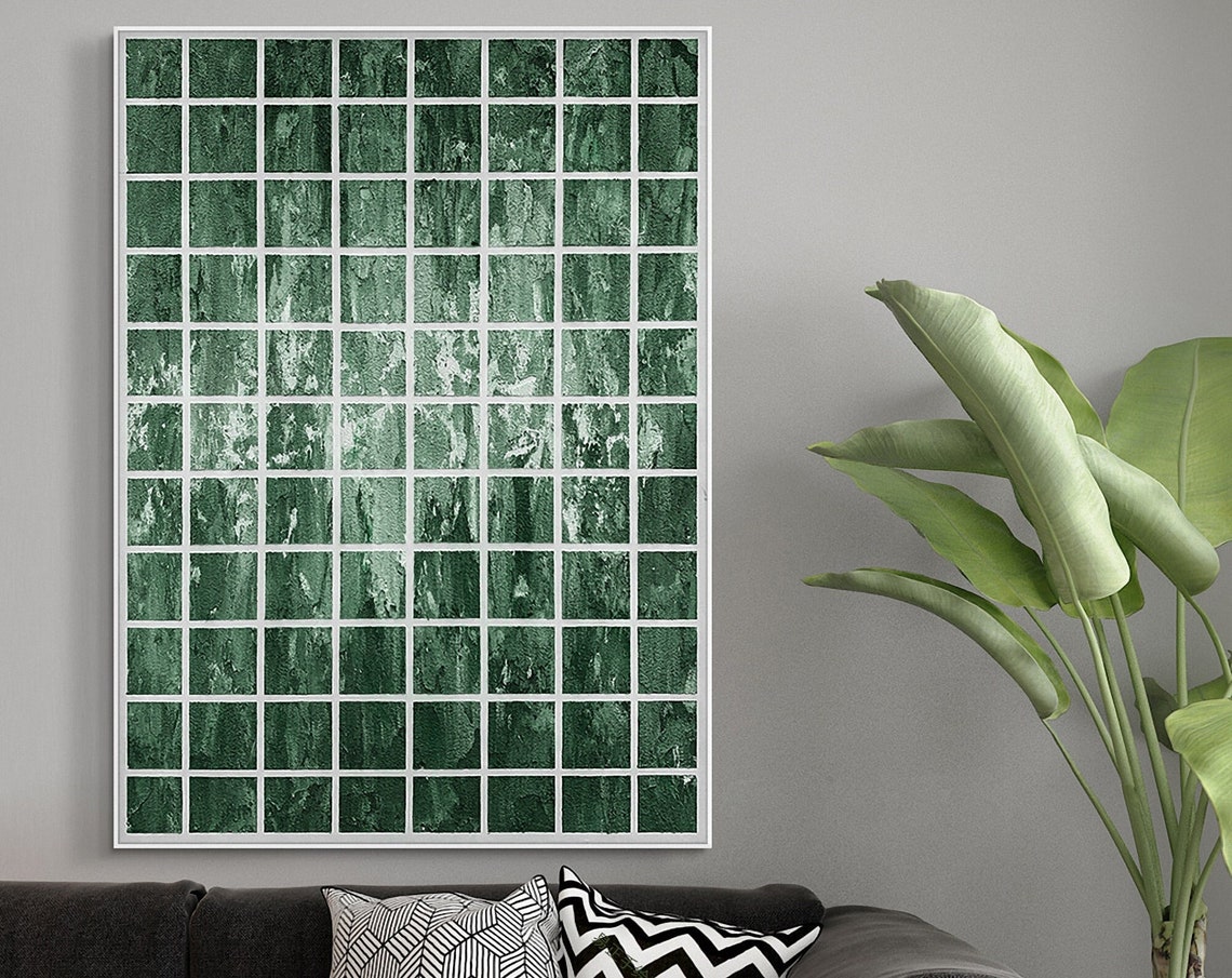 Emerald Green Mosaic Grid Tile Abstract Geometric Art Poster