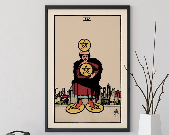 Four of Pentacles Tarot Card Vintage Occult Mystic Art Print
