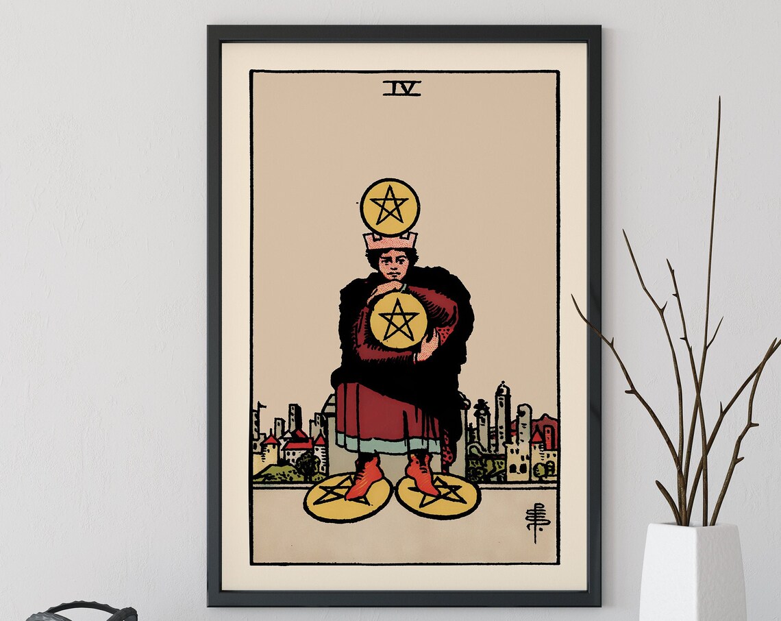 Four of Pentacles Tarot Card Vintage Occult Mystic Art Print
