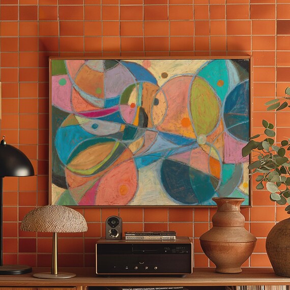 Midcentury Modern Circle Shapes Print Abstract Boho Wall Art Retro Vintage Home Decor Eclectic Large Canvas Unique Gift Idea