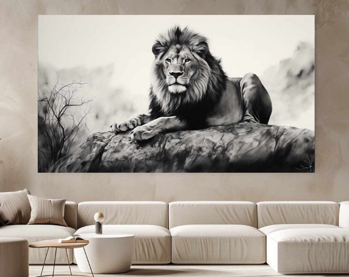 Majestic Lion Resting on Rock Black White Wildlife Photo Poster