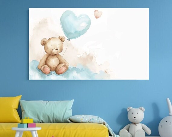 Teddy Bear With Blue Heart Balloon On Clouds Watercolor Nursery Wall Art