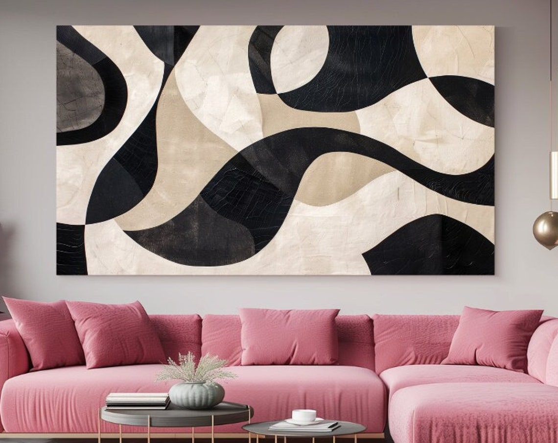 Black Cream Abstract Shapes Flowing Geometric Modern Art Poster