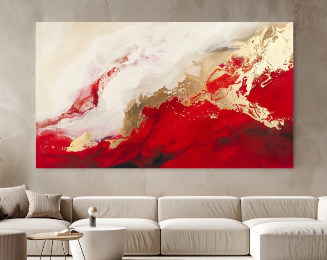 Red White Gold Abstract Art Print, Luxury Design