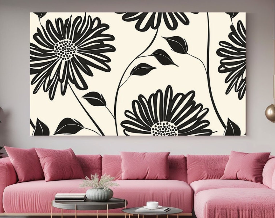 Retro Black Daisy Chrysanthemum Floral Pattern Ivory Poster Print