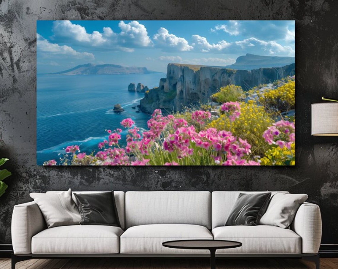 Greece Coast Cliffs Wildflowers Turquoise Sea Summer Landscape Poster