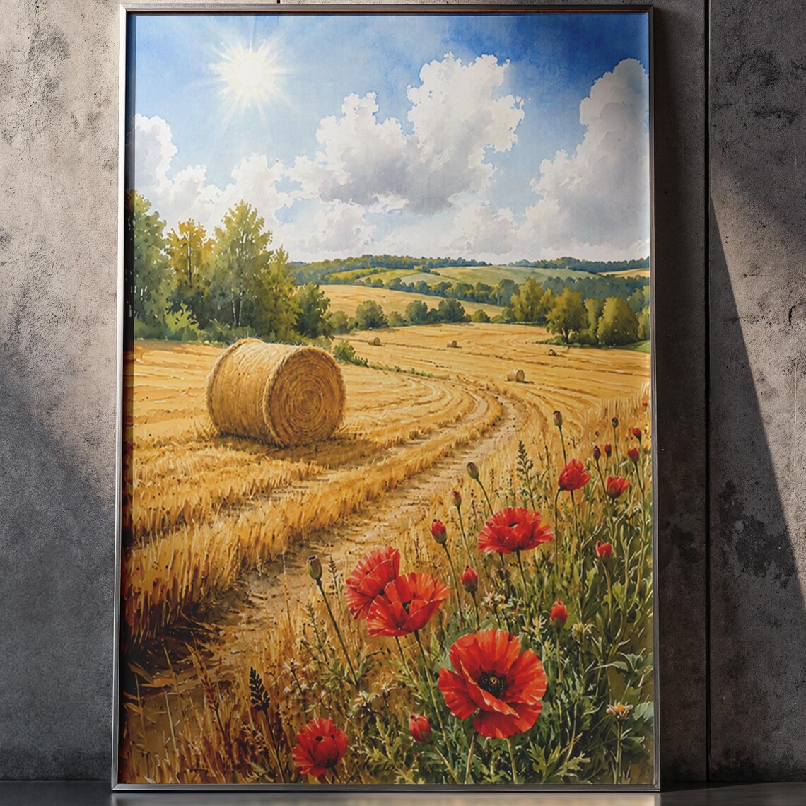 Sunlit Golden Wheat Field Hay Bale Red Poppy Country Summer Poster