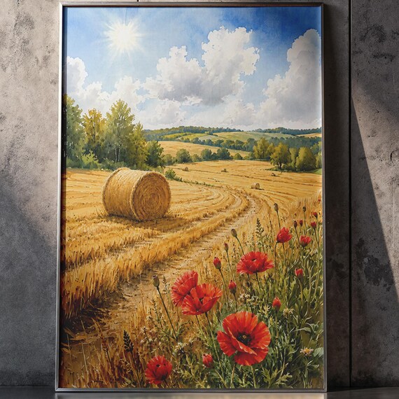 Sunlit Golden Wheat Field Hay Bale Red Poppy Country Summer Poster