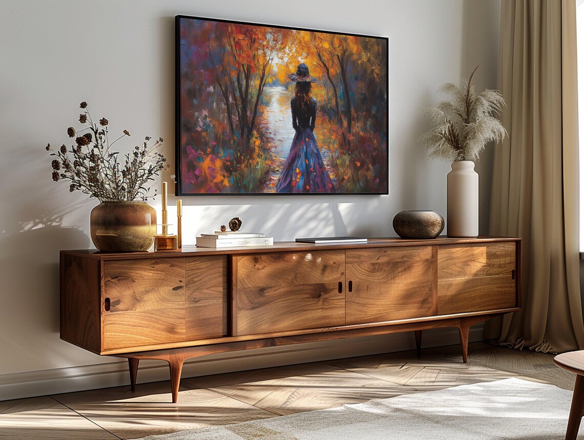Woman in Autumn Forest Golden Leaves Path Vintage Style Art Print - Image 3