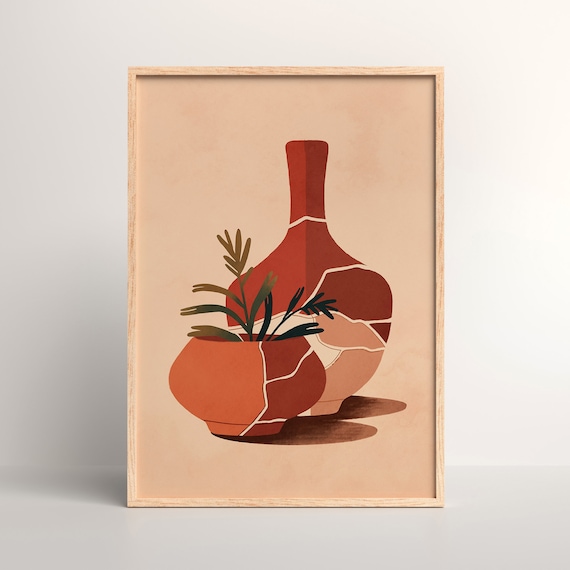 Cracked Duo Terracotta Pot Wall Art Moroccan Boho Print Decor Idea Gift For Her