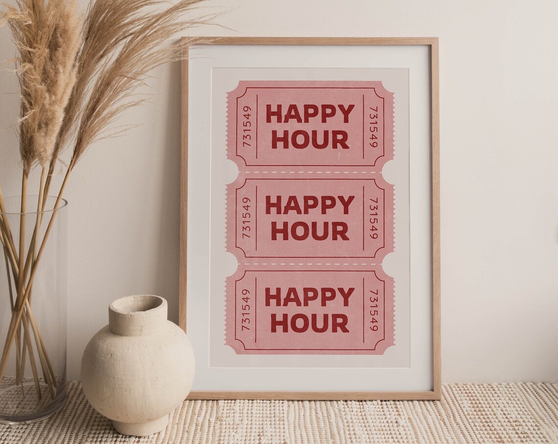 Happy Hour Pink Retro Ticket Stub Bar Cart Decor Maximalist Poster - Image 3