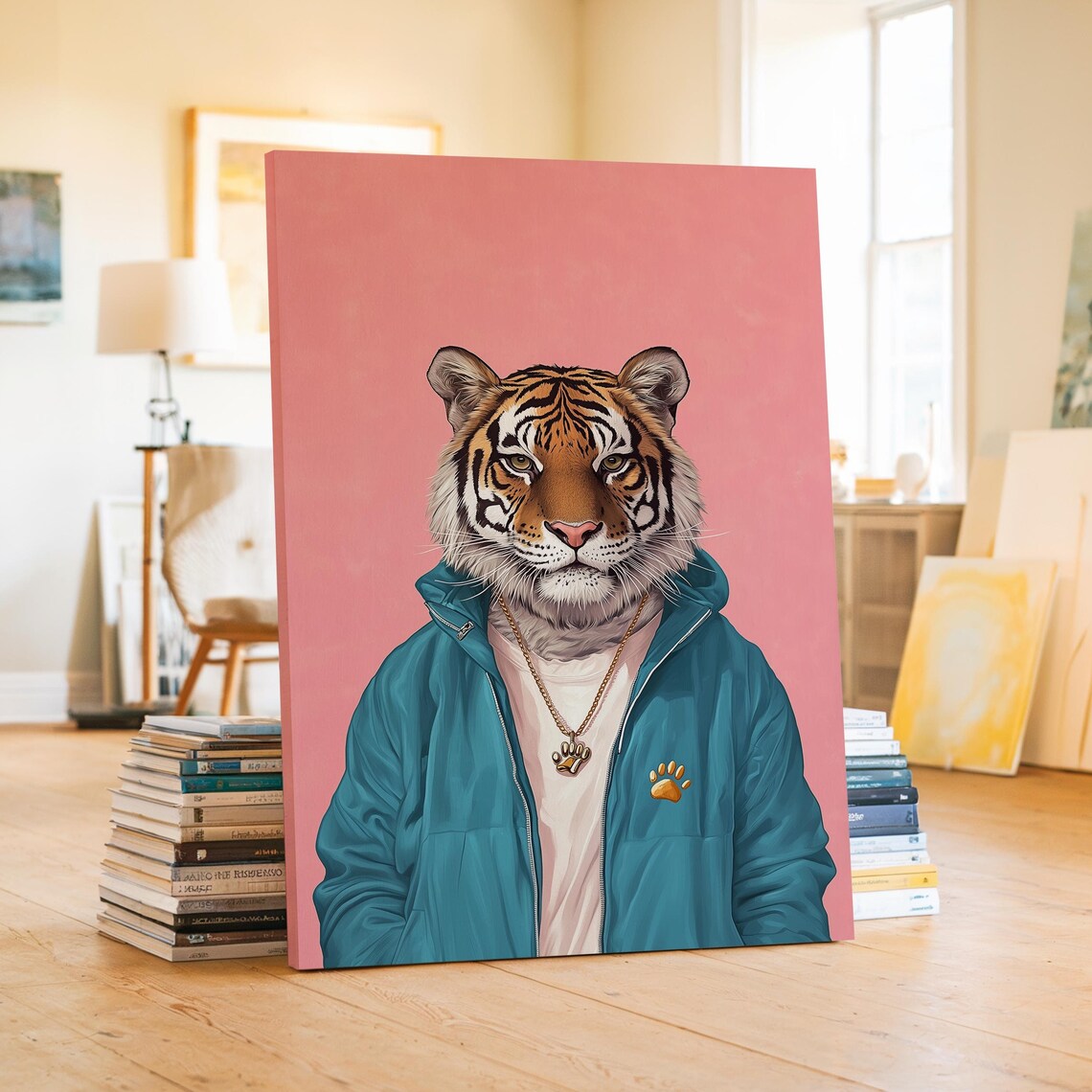 Tiger In Tracksuit And Gold Chain Funny Pink Maximalist Art Poster