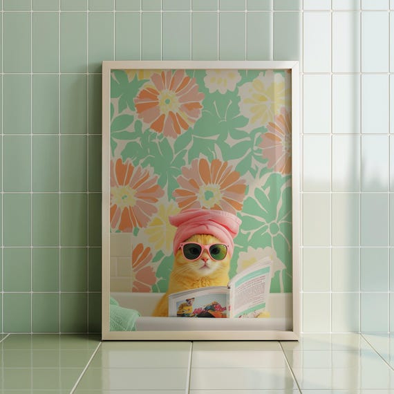 Funny Bathroom Cat Print Gifts For People Art Vintage Wall