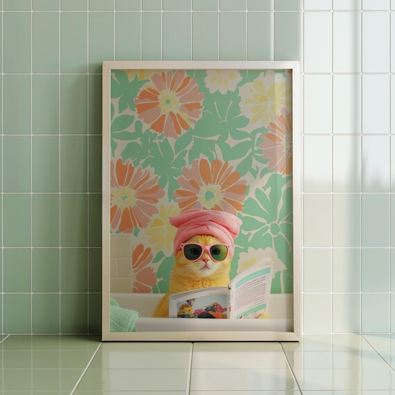 Funny Orange Cat Spa Bath Reading Newspaper Bathroom Decor Poster