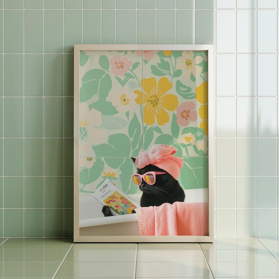 Funny Black Cat Spa Bath Day Reading Magazine Bathroom Poster