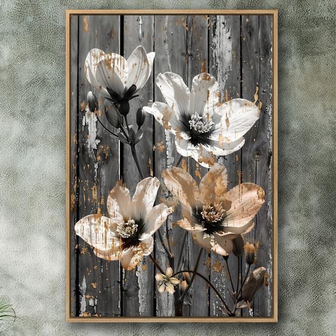 Distressed White Floral Vintage Botanical Gold Accents Art Poster