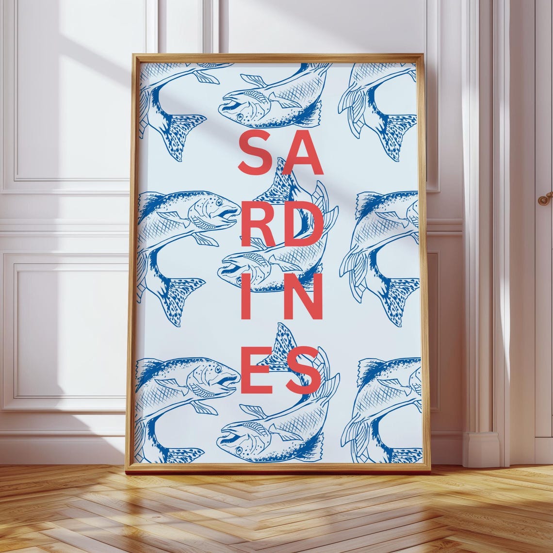 Sardines Blue Fish Pattern Nautical Kitchen Typography Poster