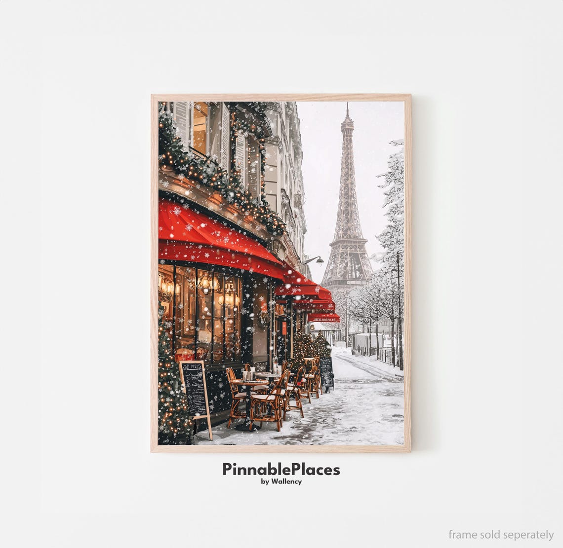 Snowy Paris Eiffel Tower Christmas Cafe Red Awning Winter Poster