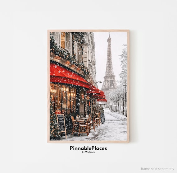 Snowy Paris Eiffel Tower Christmas Cafe Red Awning Winter Poster