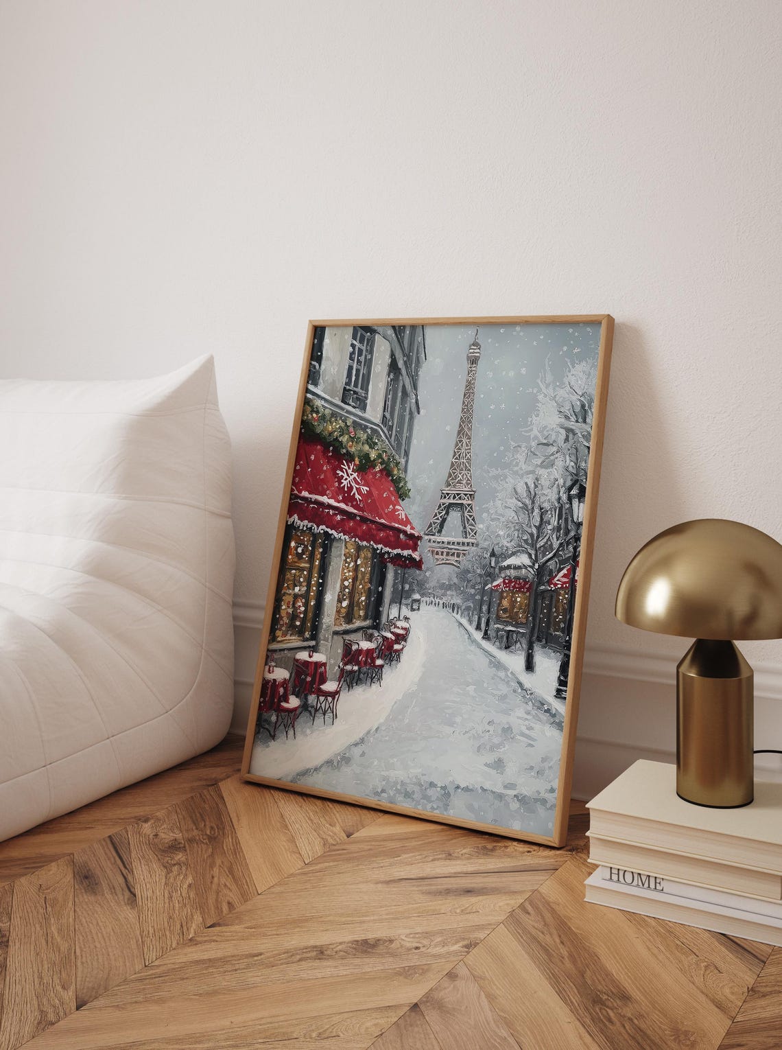 Winter Paris Eiffel Tower Snowy Cafe Street Christmas Art Poster