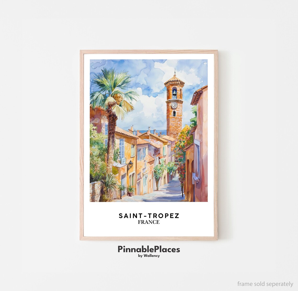 Saint Tropez France Watercolor Old Town Bell Tower Street Poster