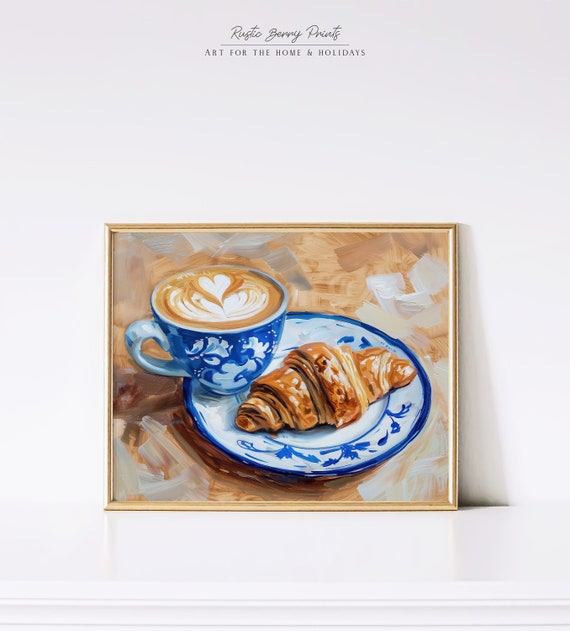 Croissant Coffee Food Art Print Wall Art Oil Painting Latte Art Kitchen Decor Poster Trendy Foodie Art