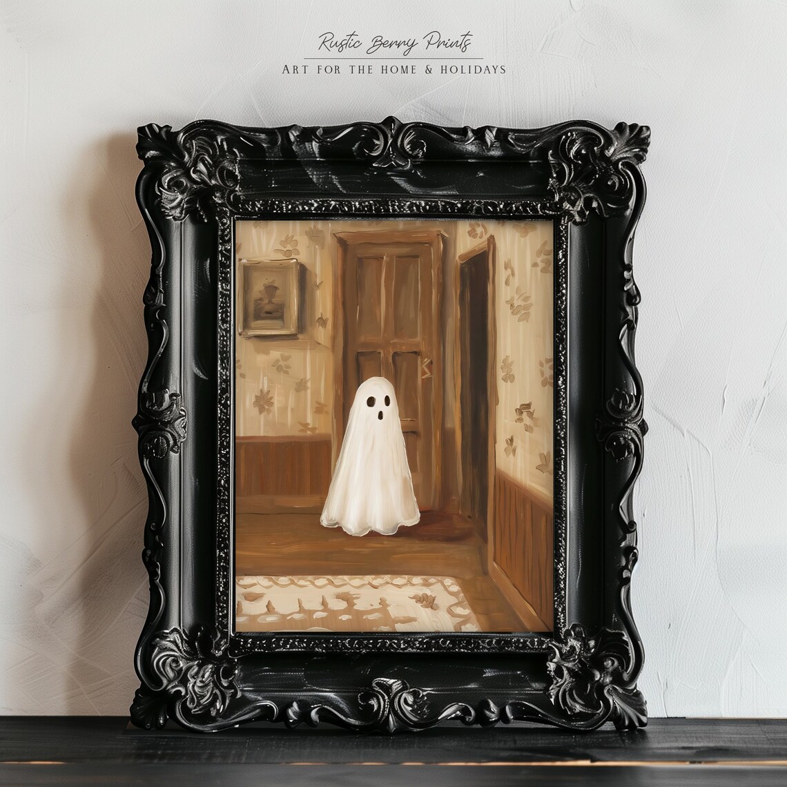 Cute Ghost in Spooky Hallway Halloween Vintage Painting Poster