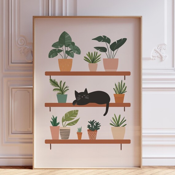 Minimalist Plant Print Cute Black Cat Poster House Wall Art And Plants Cats