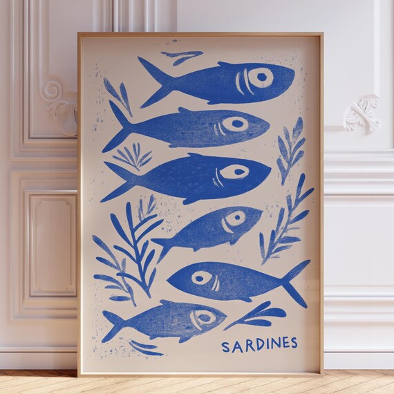 Blue Sardine Print Kitchen Cute Art Retro Sardines Wall Fish Coastal