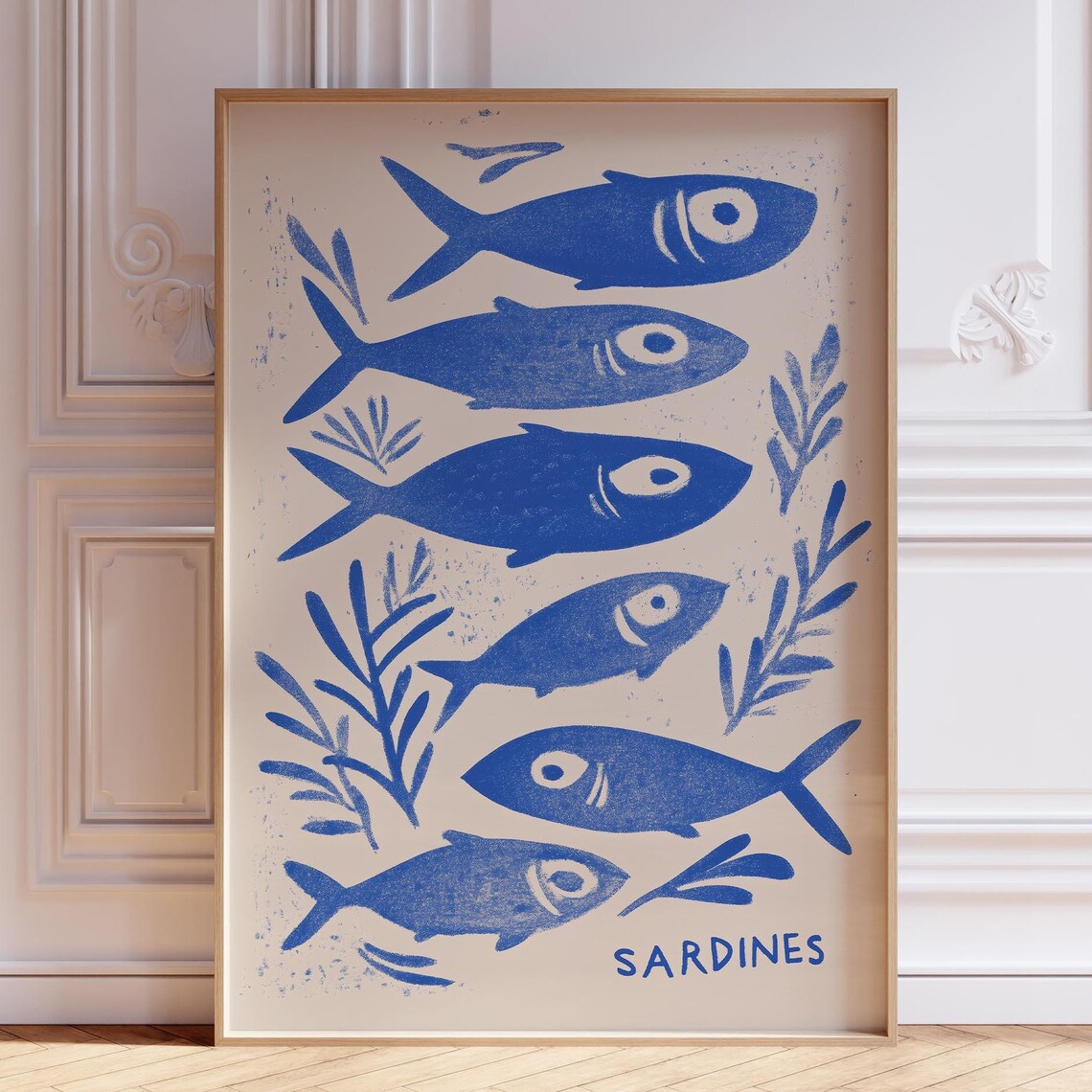 Blue Sardine Print Kitchen Fisherman Art Sardines Wall Fish Coastal