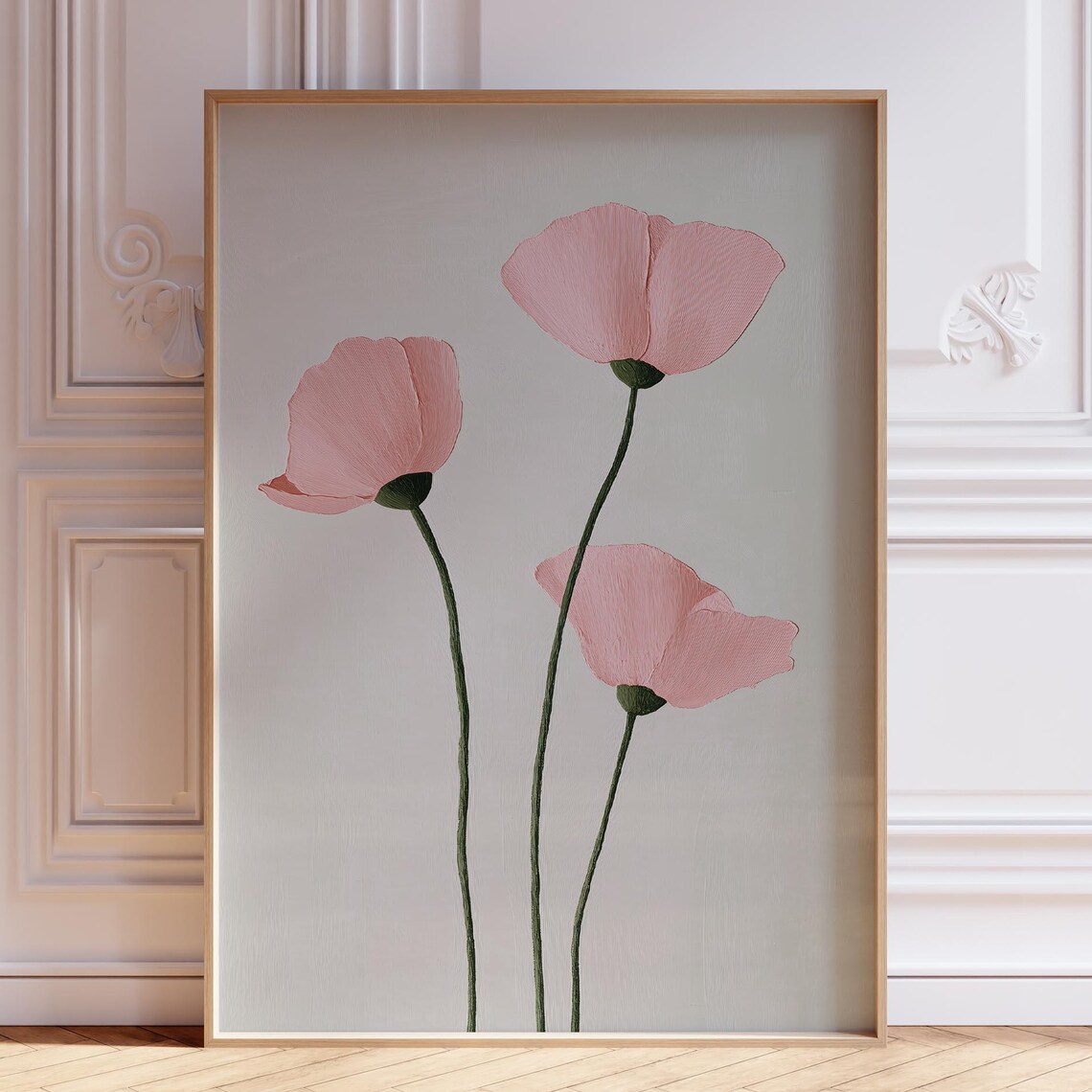 Blush Pink Poppy Trio on Neutral Minimalist Floral Painting Poster