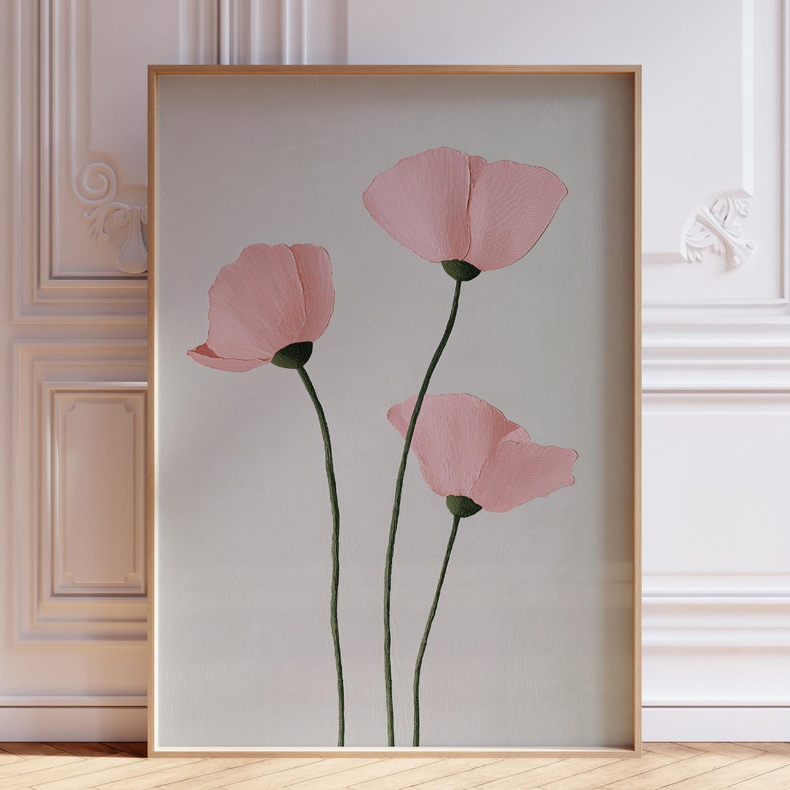Three Blush Pink Poppies on Soft Grey Minimalist Floral Art Poster