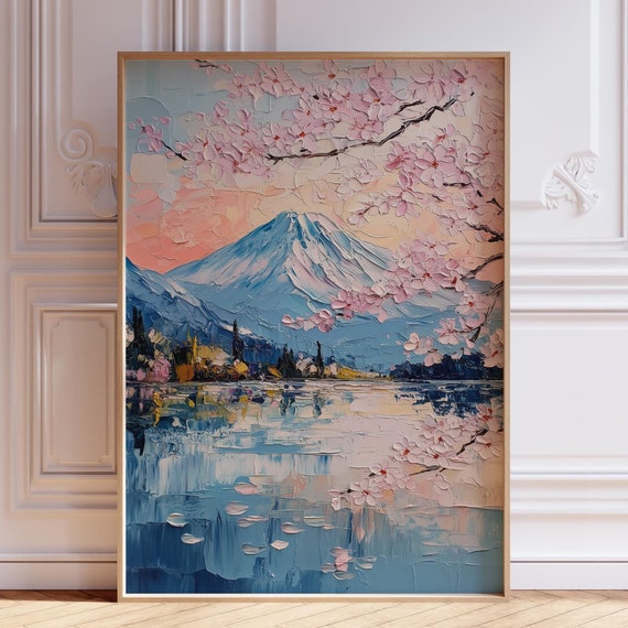 Japanese Cherry Blossom Wall Art Mt Fuji Print Watercolor Tree Poster Mountain Flower
