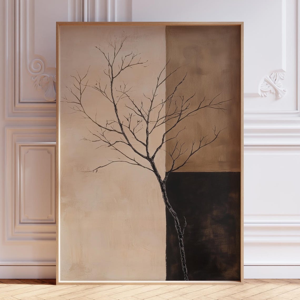 Minimalist Bare Tree Branch Beige and Brown Block Japandi Poster