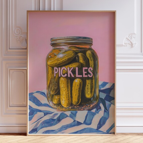Pink Pickle Jar Painting Retro Kitchen Food Humor Art Poster