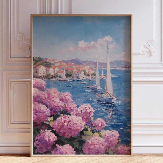 Pink Hydrangeas Sailboats Coastal Town Watercolor Travel Poster