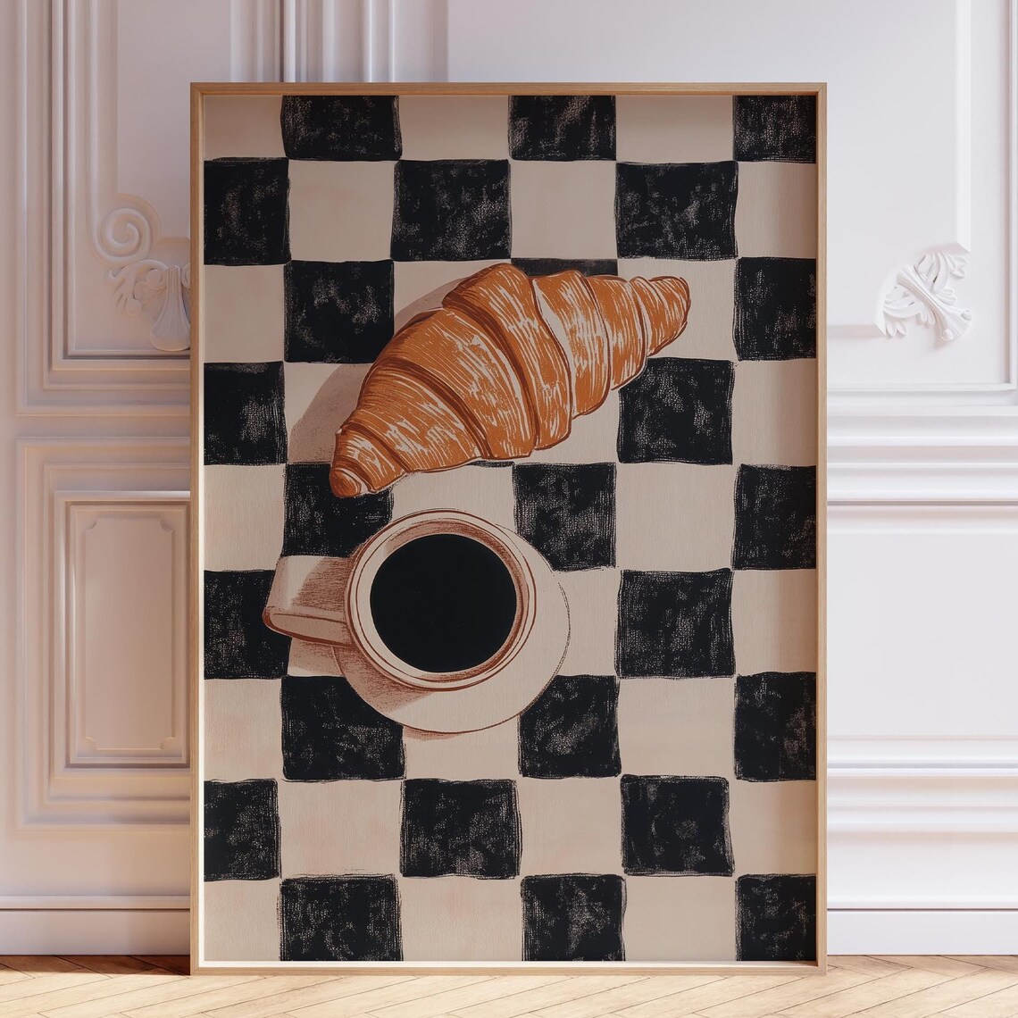 Croissant And Coffee Checkerboard Print Retro Kitchen Breakfast Wall Decor